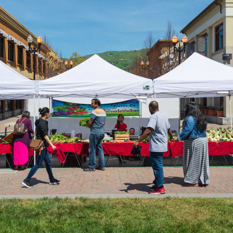 People shopping at a local community farmers market.