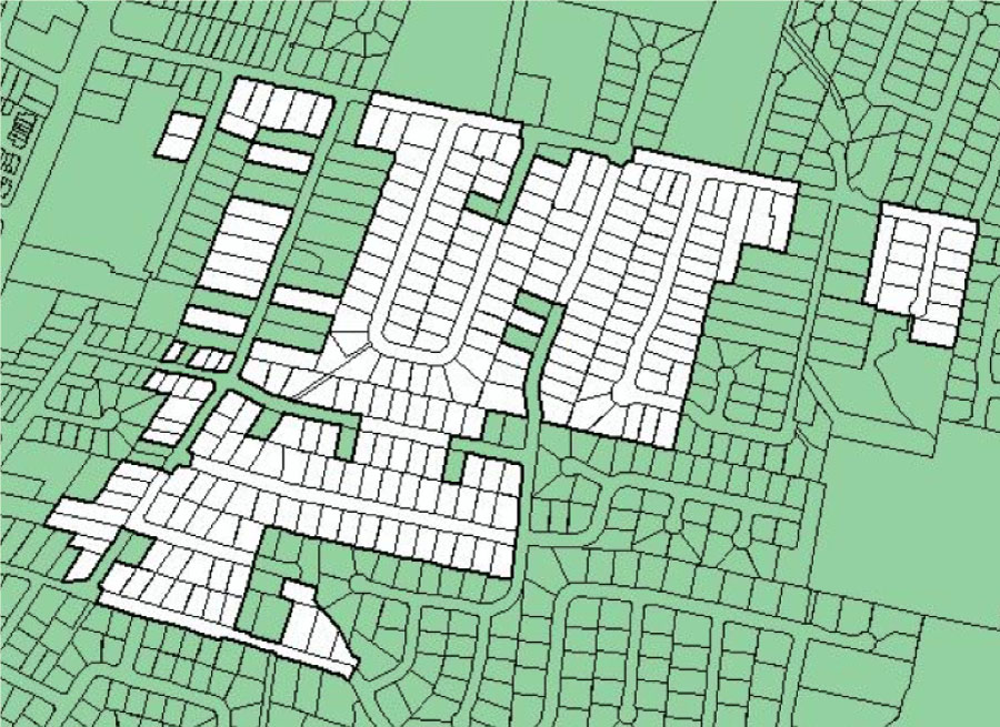 Simplified map of parcels with some unshaded parcels representing unincorporated islands.