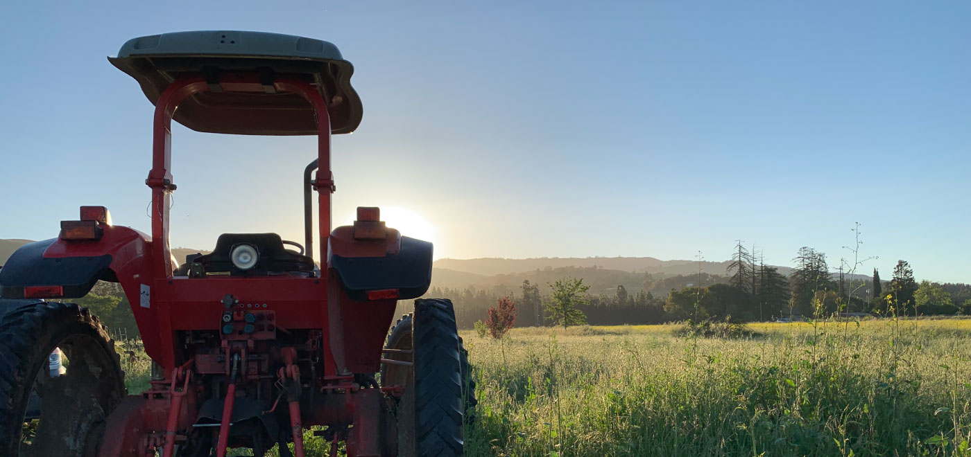 A tractor sitting in a field at sunrise.